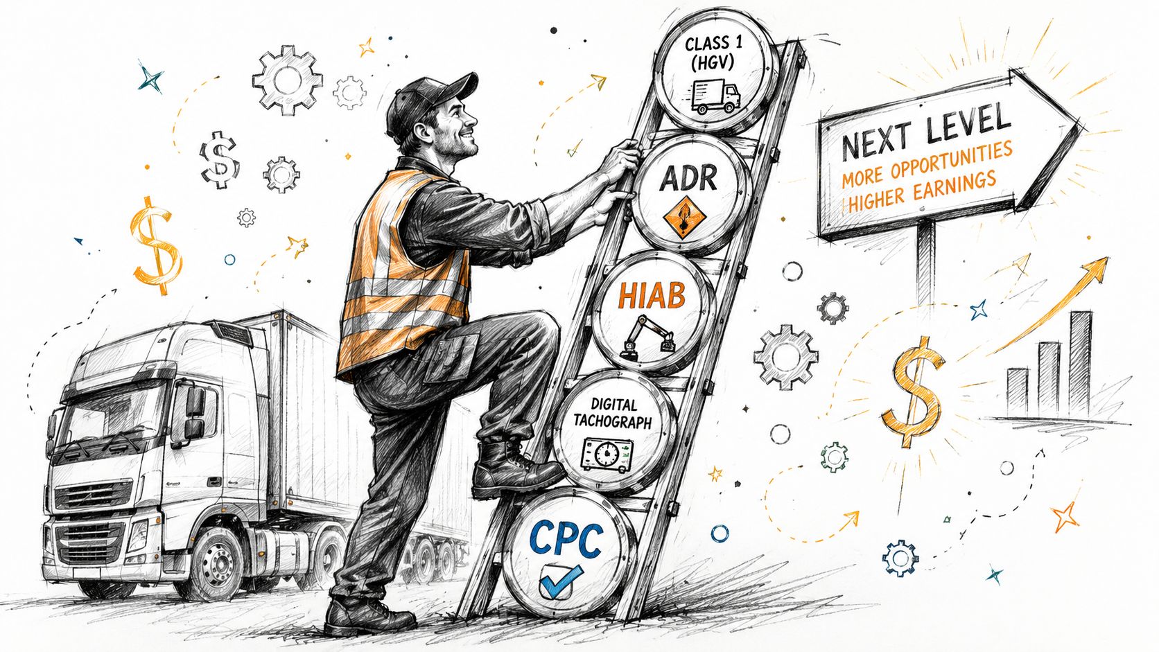 A truck driver climbing a ladder depicting HGV training qualifications to reach higher career opportunities and earnings.