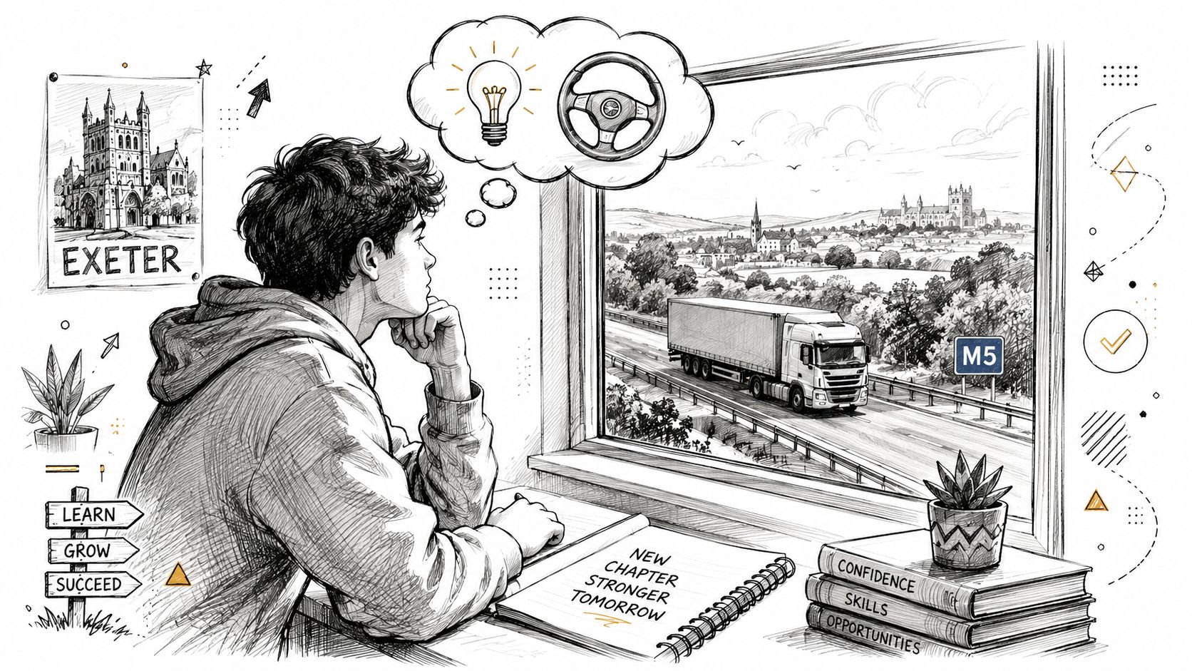 A young person looks out a window at a truck on the M5 motorway towards Exeter, dreaming of careers.