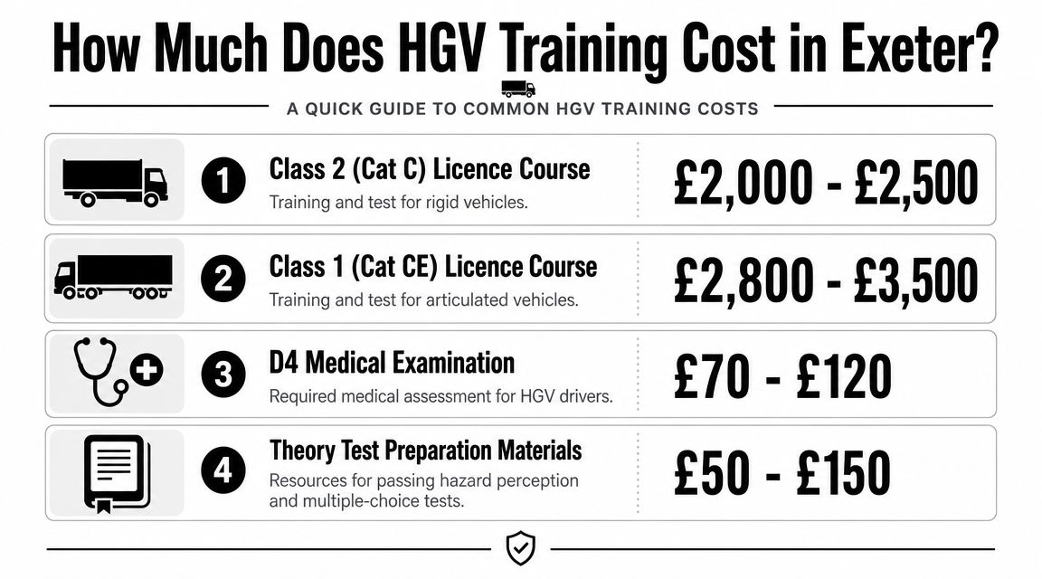 A price guide chart showing the costs of HGV training, medical exams, and theory tests in Exeter.