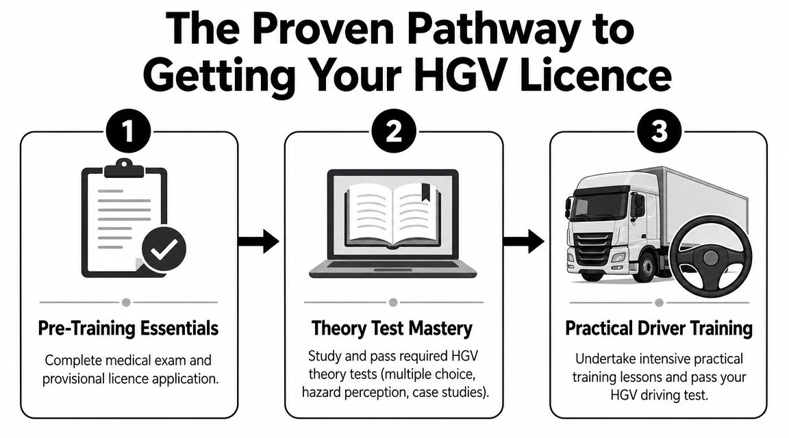 A three-step infographic showing the proven pathway to obtaining a professional HGV driving licence.