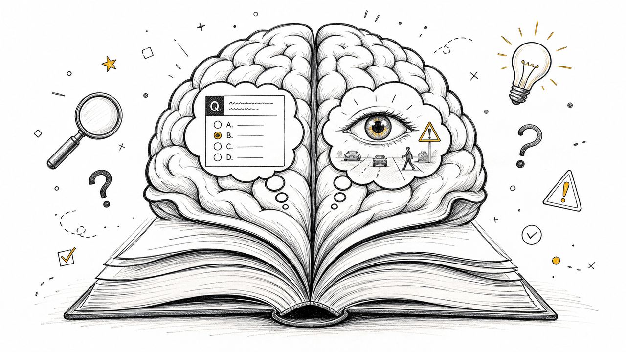 A hand-drawn illustration showing a book opening into a brain with icons representing testing and hazard perception.