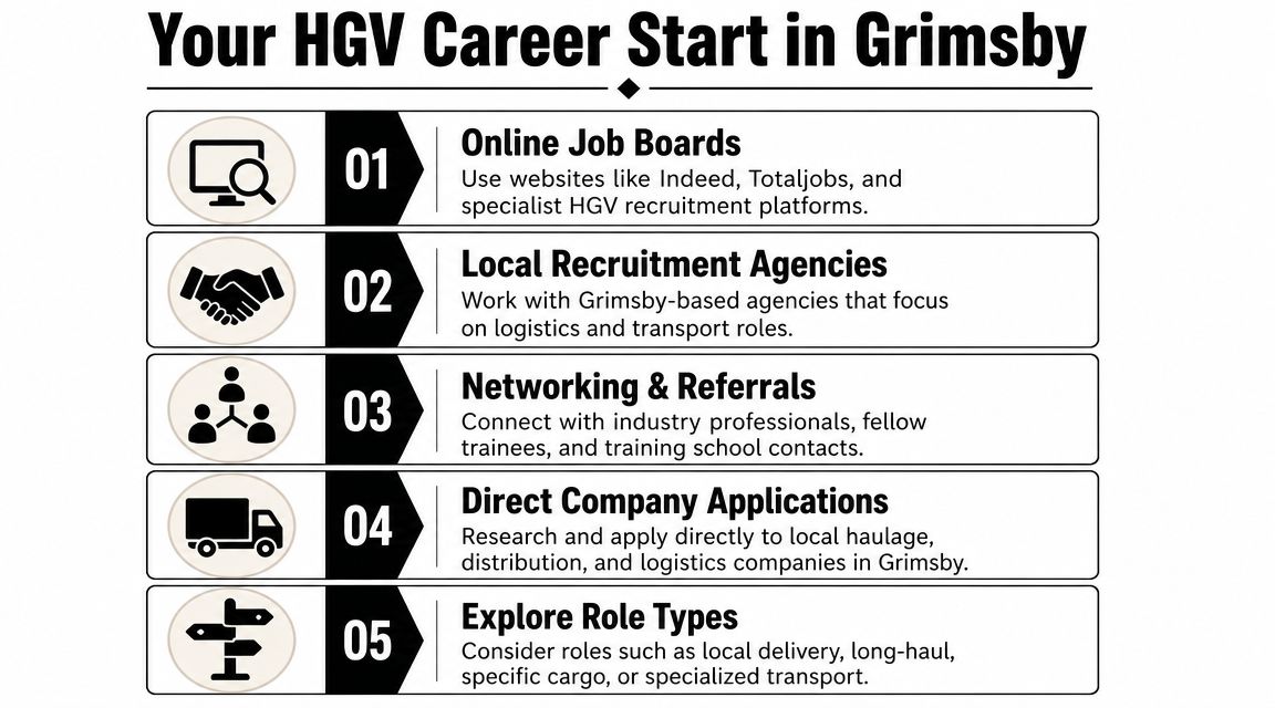 A five-step guide on how to start an HGV driving career in Grimsby, UK.