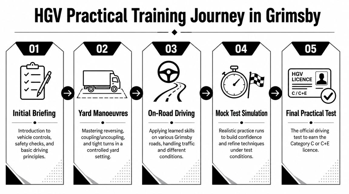 A five-step infographic detailing the HGV practical driver training journey and licensing process in Grimsby.