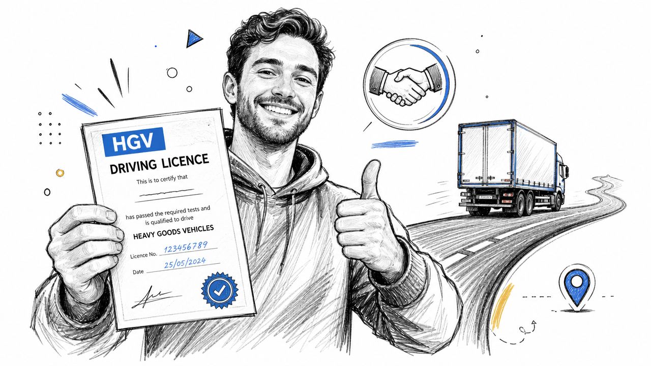 A smiling young man holds up an HGV driving licence certificate with a truck graphic in the background.