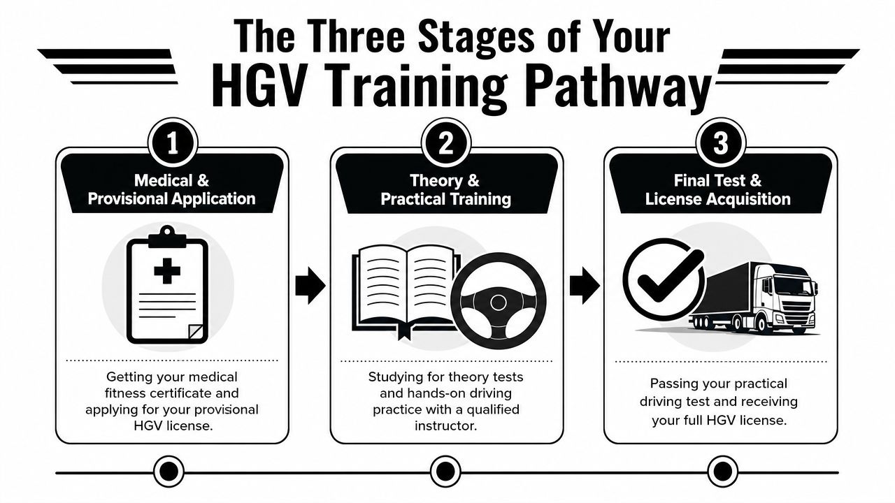 A diagram outlining the three steps to obtain an HGV driving licence, starting from medical to final testing.