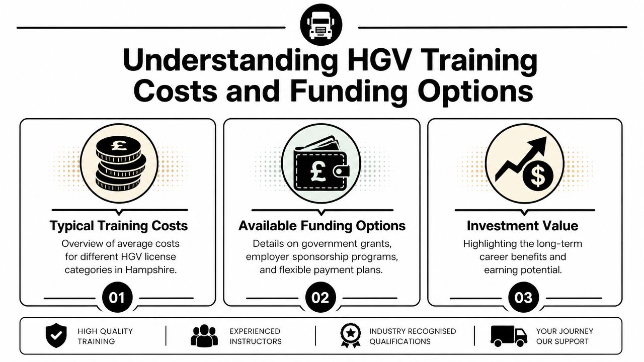 An infographic titled Understanding HGV Training Costs and Funding Options for learners in Hampshire.