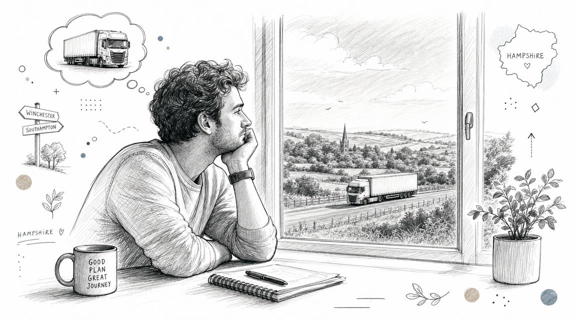A pensive man looks out a window at a truck driving through a scenic English countryside landscape.