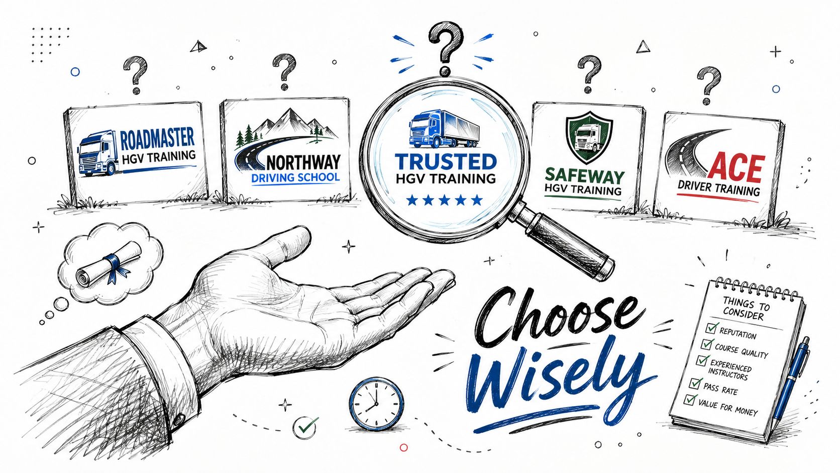A hand presenting a choice of HGV training schools with criteria checklist for selecting a provider.