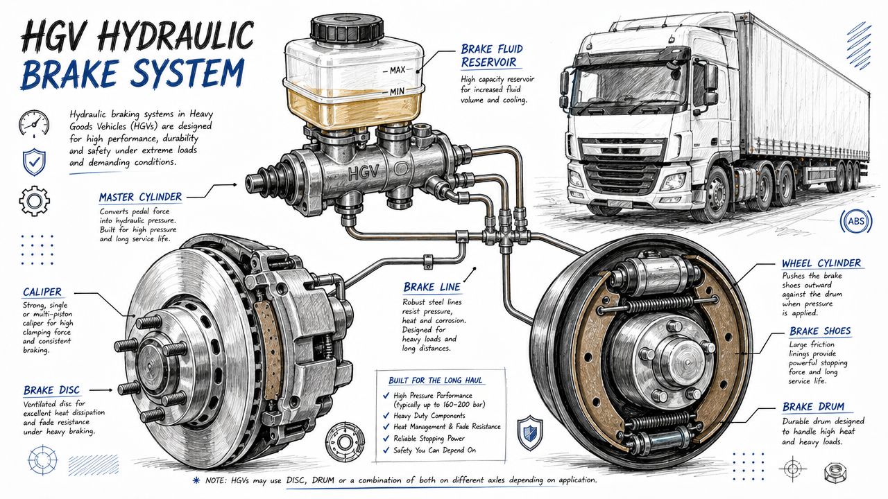 A detailed technical illustration explaining the components and function of an HGV hydraulic brake system for heavy-duty vehicles.