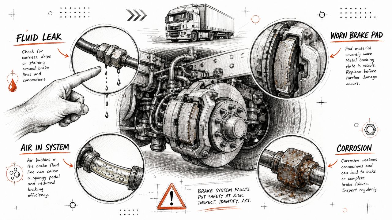 A detailed technical illustration showing common faults in truck hydraulic brake systems including leaks, wear, and corrosion.
