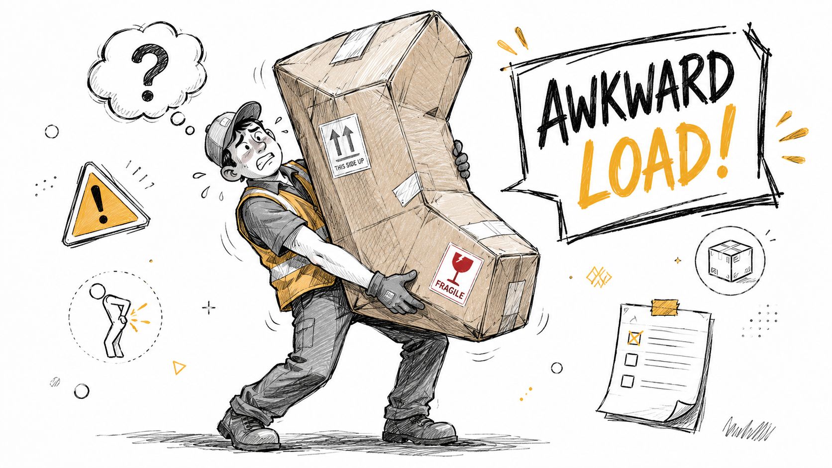 A delivery worker struggling to lift an awkwardly shaped fragile cardboard box with a worried expression.