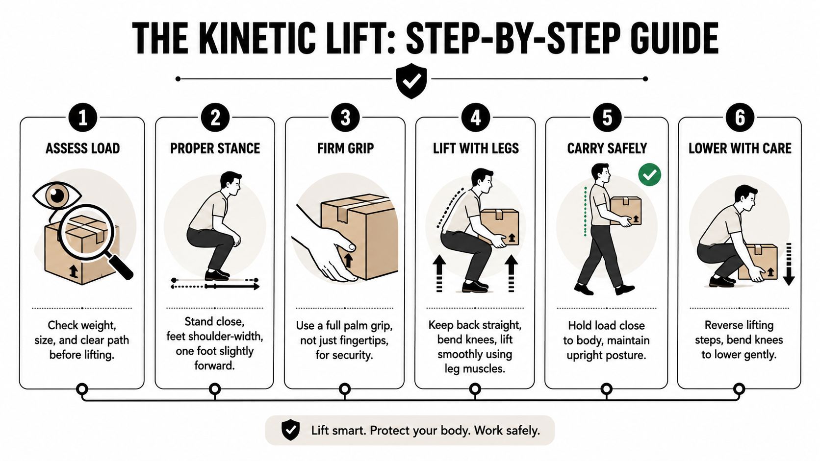 An instructional graphic showing the six steps of safe manual lifting technique to prevent back injury.
