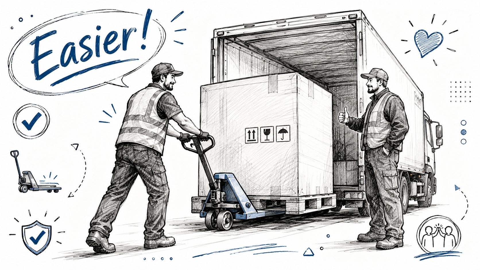 A professional warehouse worker using a pallet jack to load a large crate into a delivery truck.
