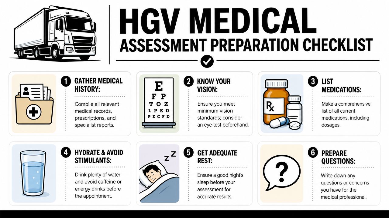 A six-step HGV medical assessment preparation checklist with helpful icons and advice for drivers.