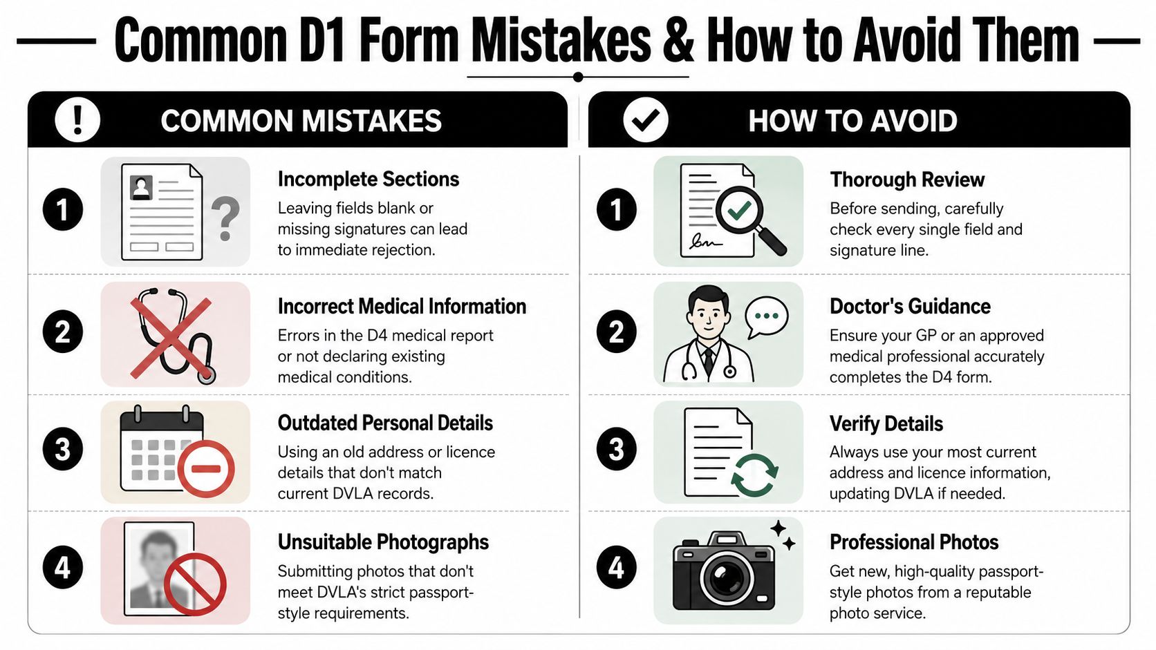 An infographic detailing four common mistakes when filling out a D1 form and how to avoid them.