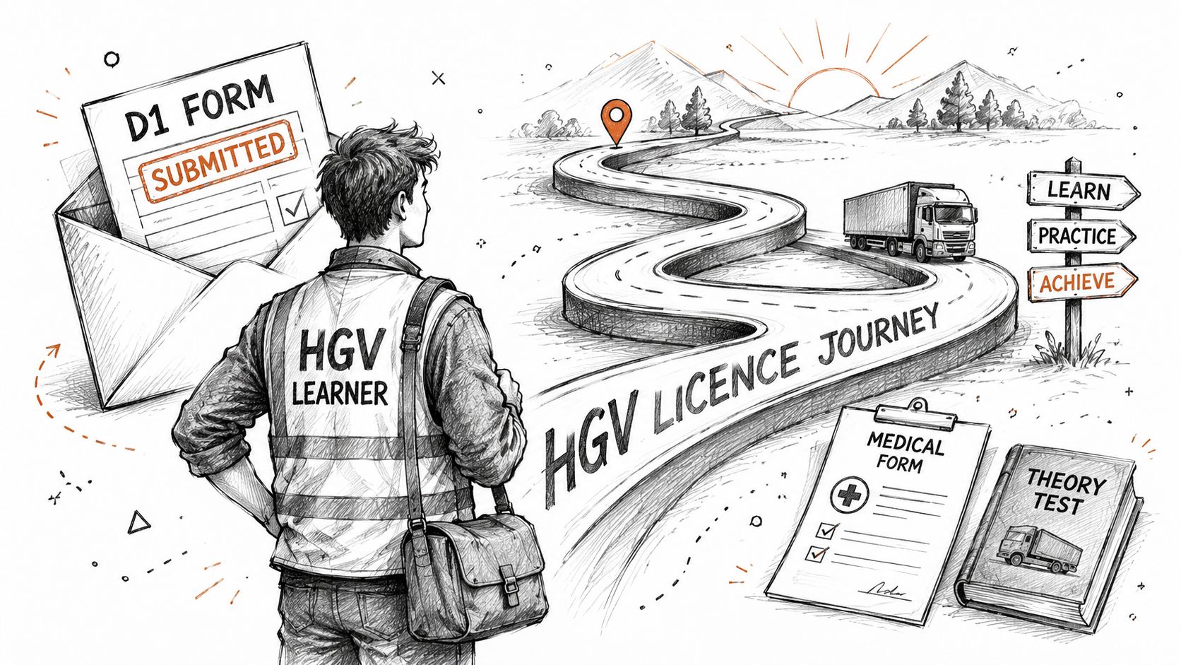 A person looking at a road map illustrating the journey to obtaining an HGV driving licence.