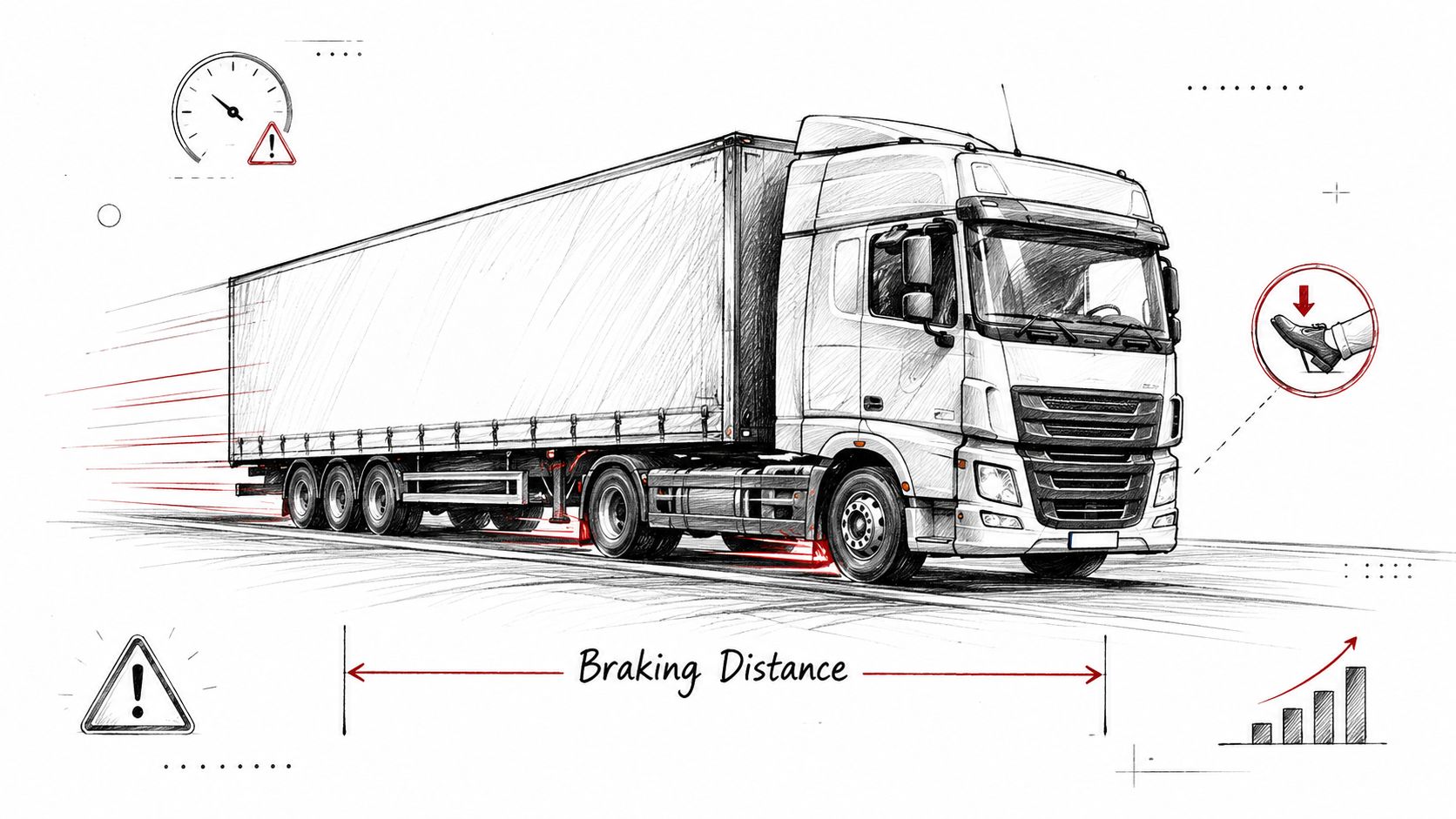 A pencil-style illustration showing a large truck braking with motion lines, a speedometer, and a pedal symbol.