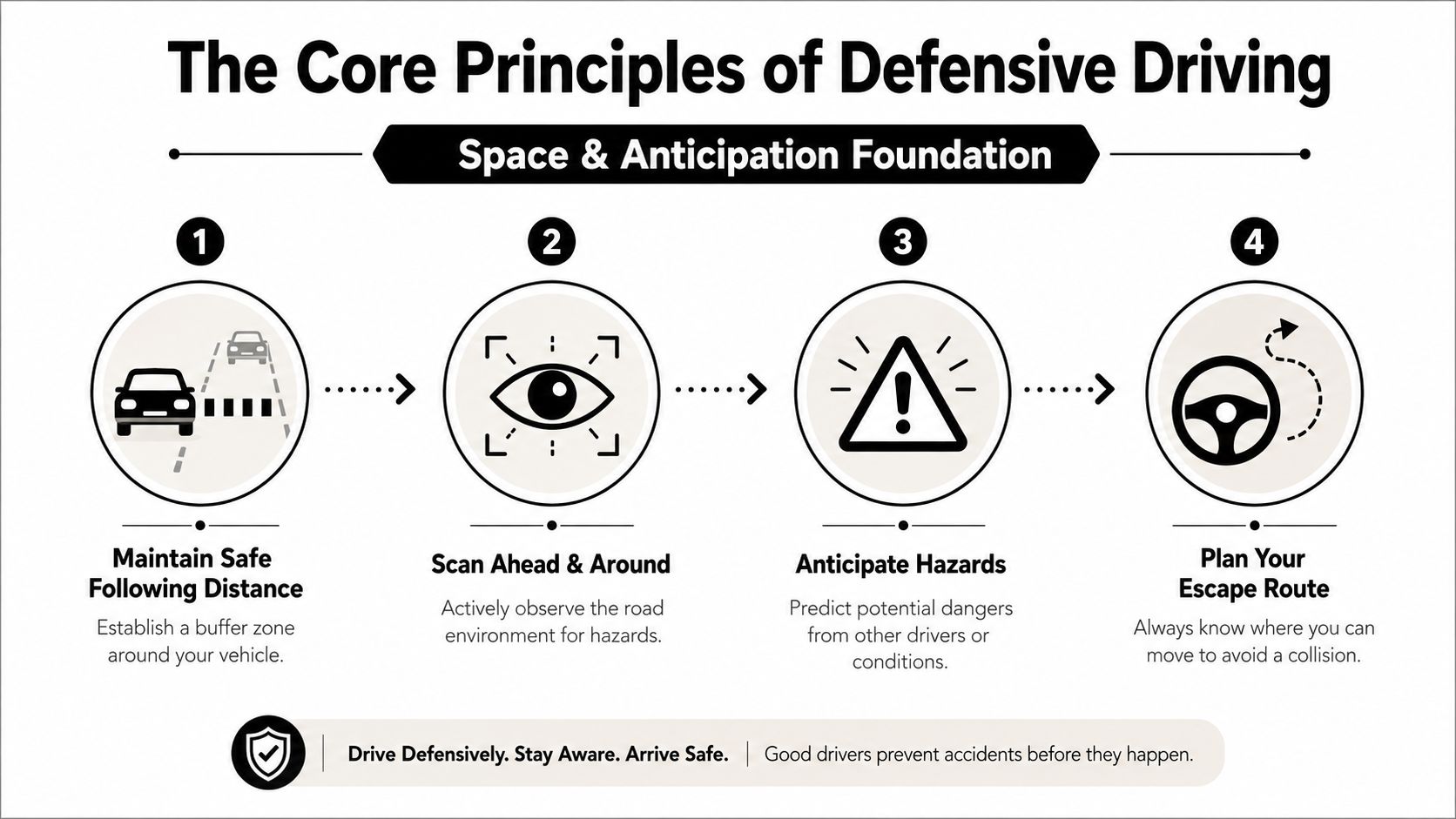 An infographic illustrating four core principles of defensive driving to ensure road safety and accident prevention.