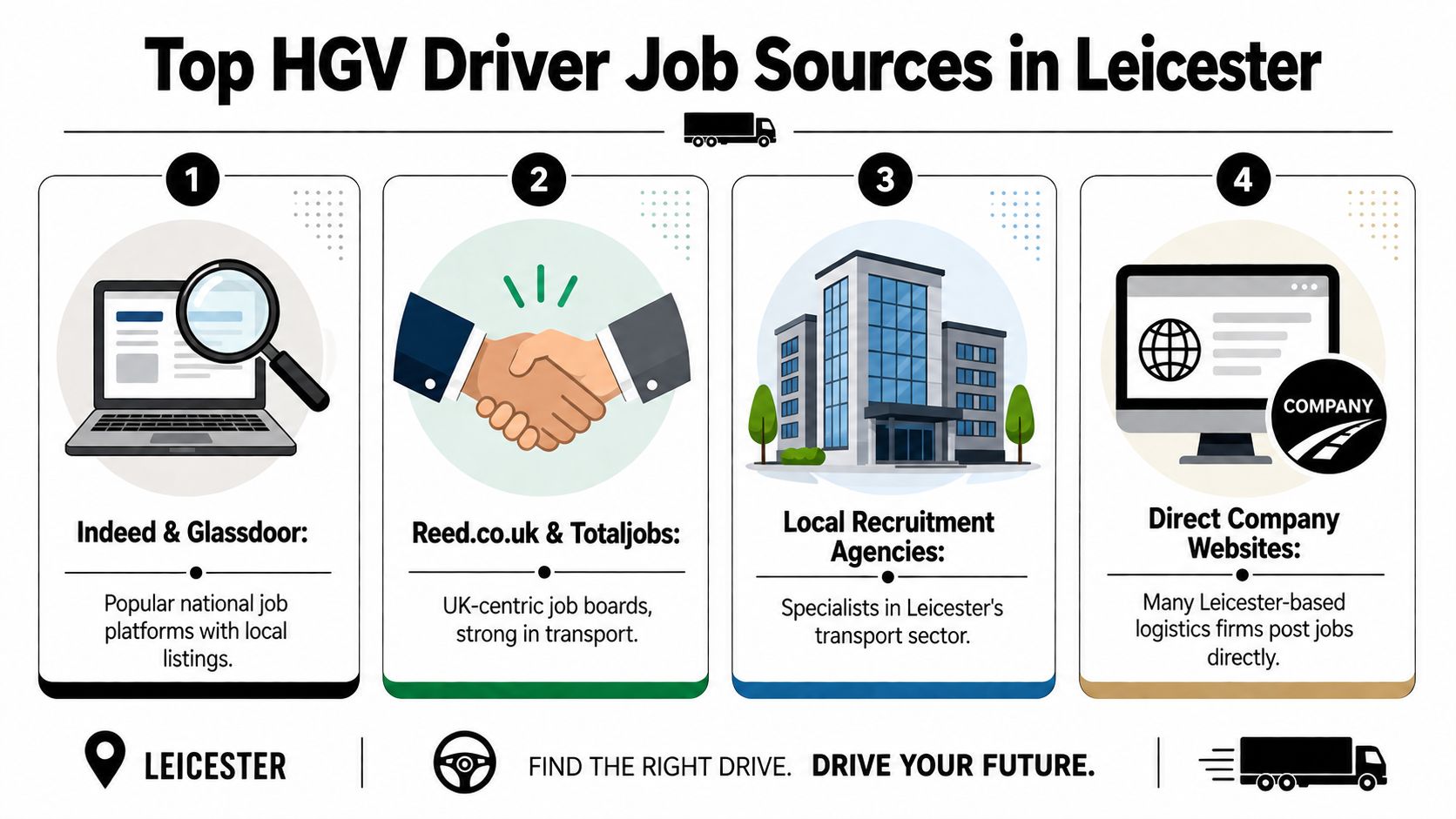 An infographic illustrating the top four sources for finding HGV driver job listings in Leicester, UK.