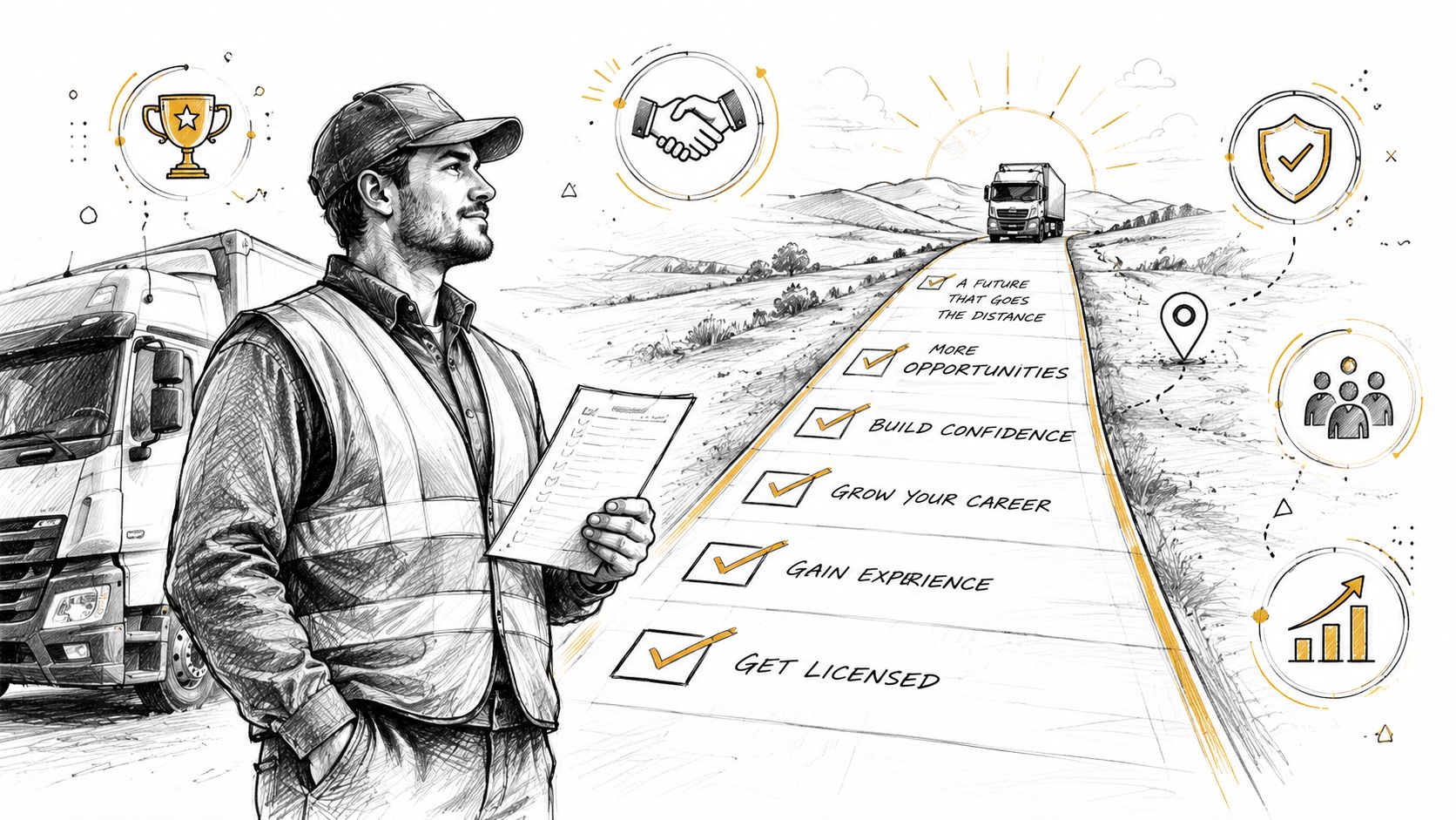 A professional truck driver standing beside a semi-truck with a roadmap highlighting career growth and training opportunities.
