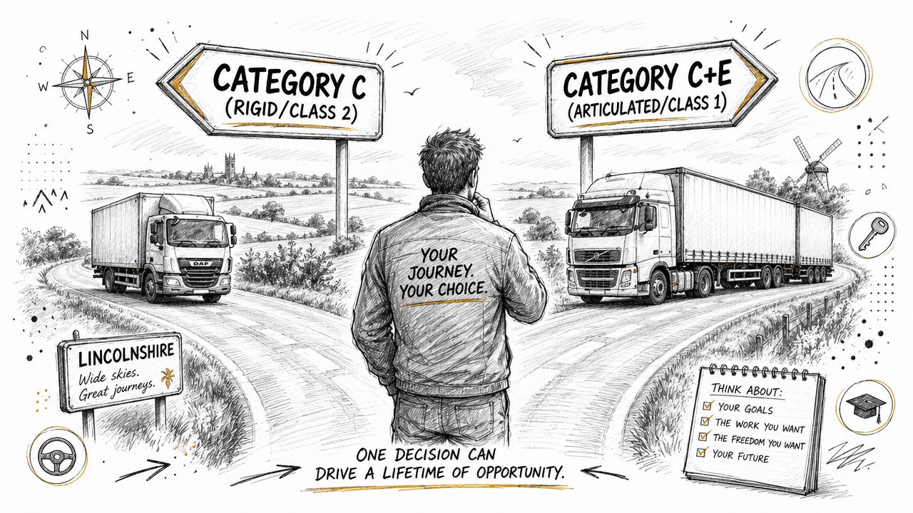 A person standing at a crossroads deciding between becoming a Category C or Category C+E HGV driver.