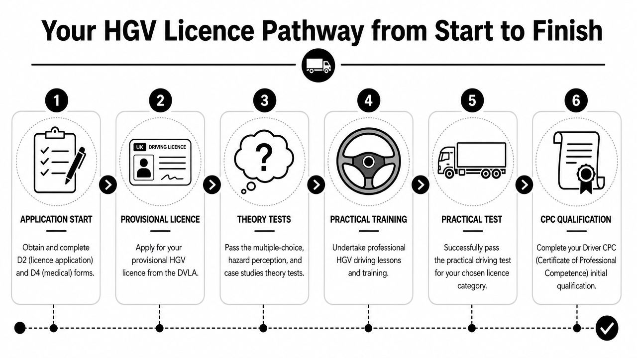 A flowchart infographic detailing the six steps to obtain an HGV driver licence in the UK.