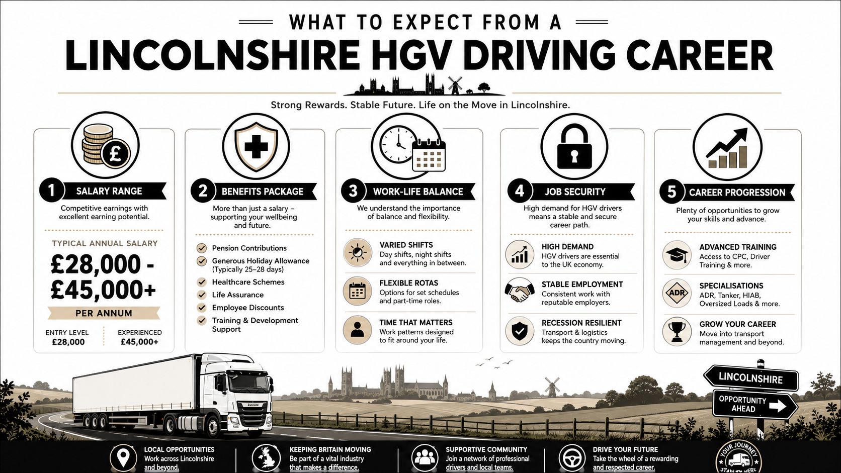 An infographic detailing the salary, benefits, and career progression for HGV driving jobs in Lincolnshire, UK.