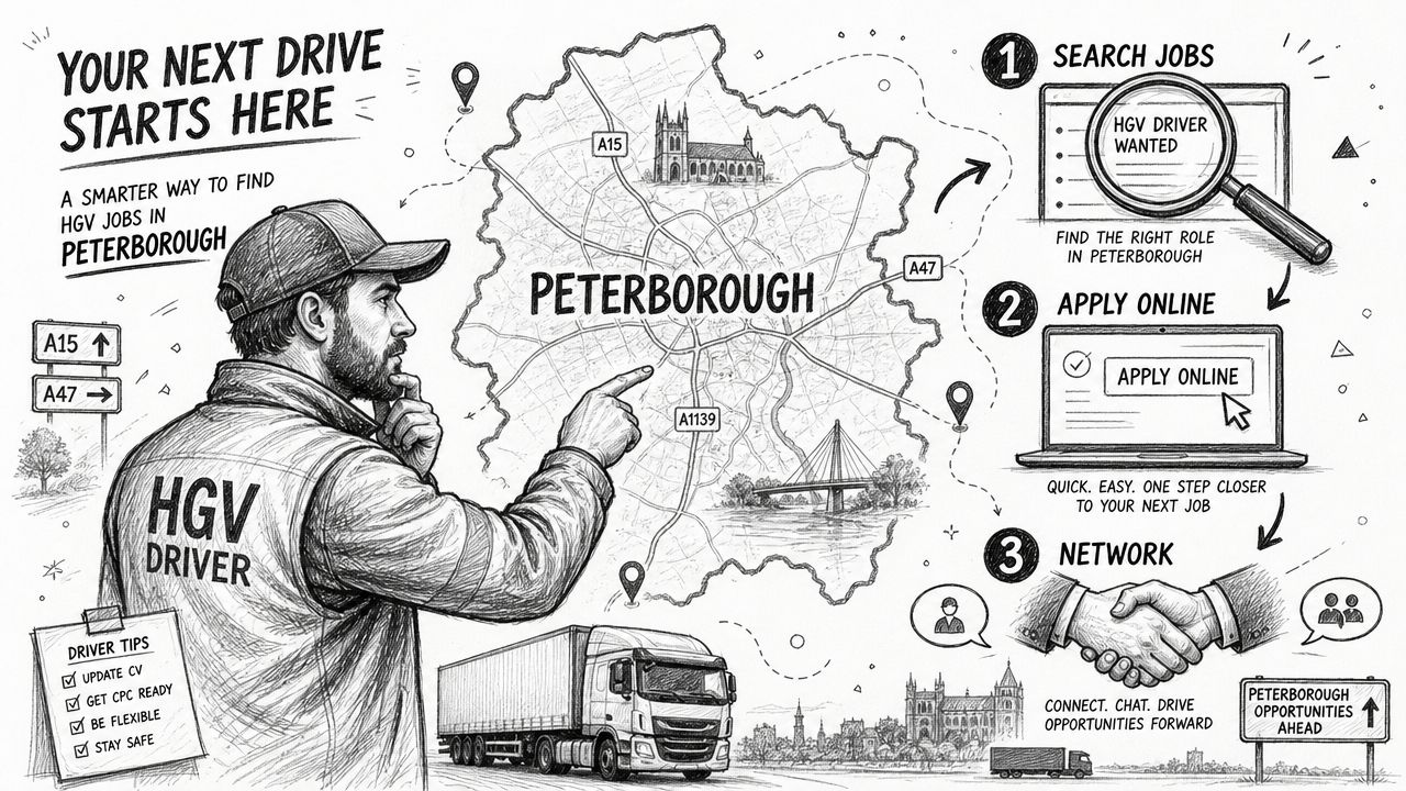 A professional infographic illustrating the step-by-step process for finding HGV driver jobs in Peterborough, UK.