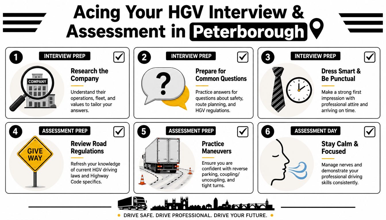 A six-step guide for preparing for an HGV interview and driving assessment in Peterborough, United Kingdom.