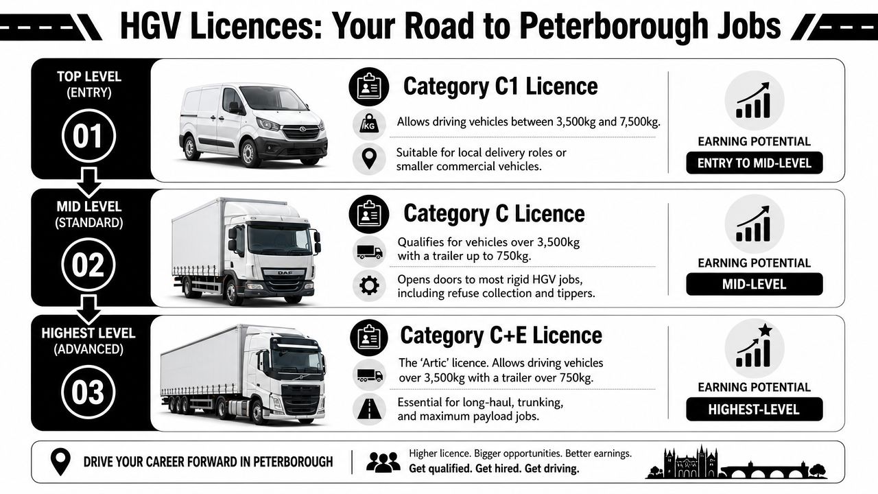 A visual guide illustrating the different levels of HGV licences and their associated career opportunities in Peterborough.