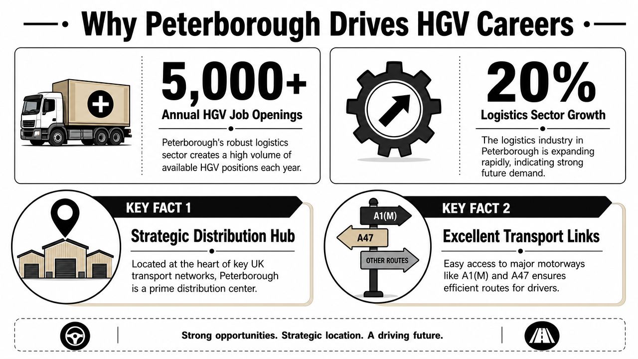 An infographic showing why Peterborough is a top location for HGV driver careers and logistics industry growth.