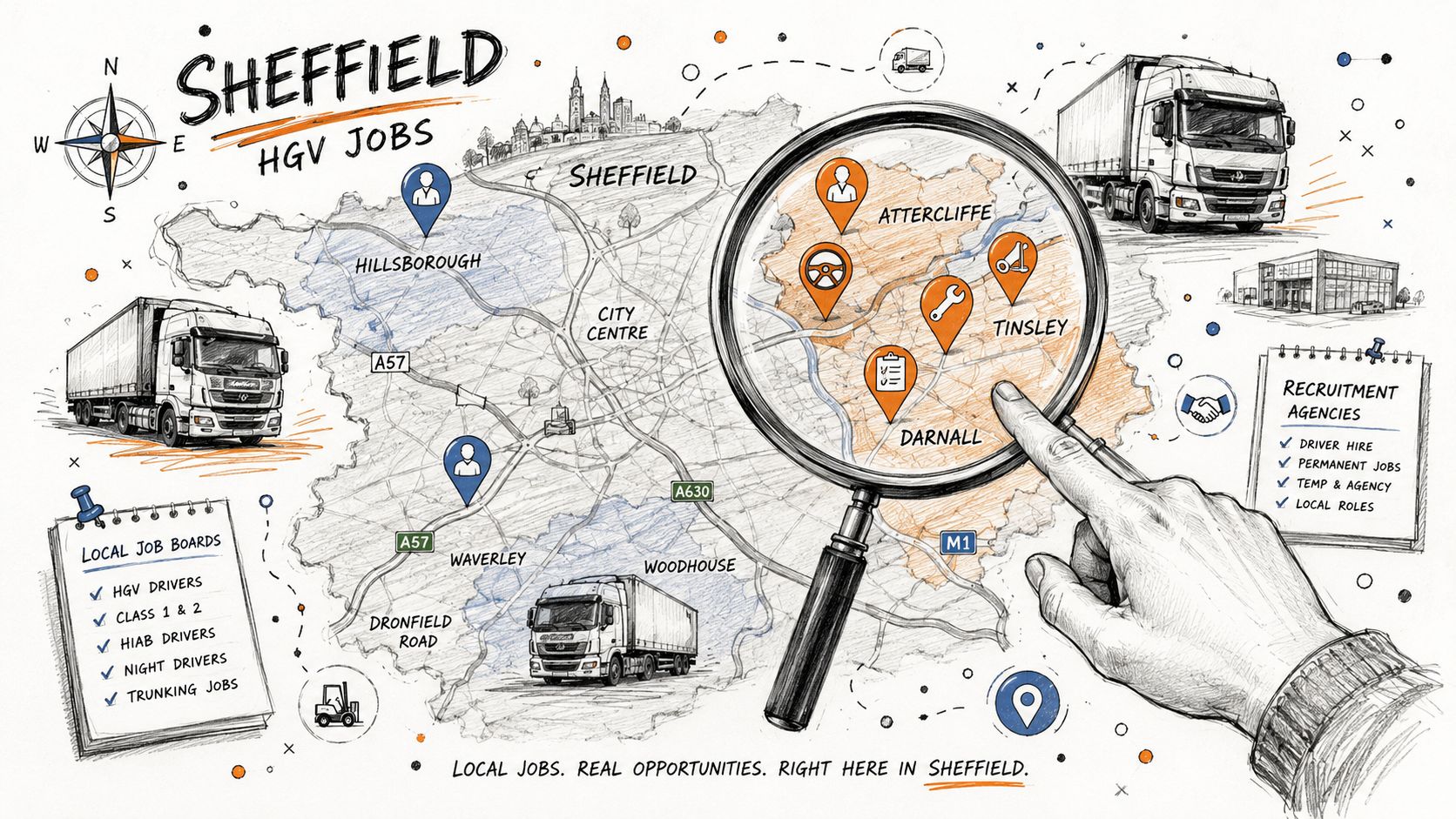 A hand holding a magnifying glass over a map of Sheffield highlighting local HGV driver job opportunities.