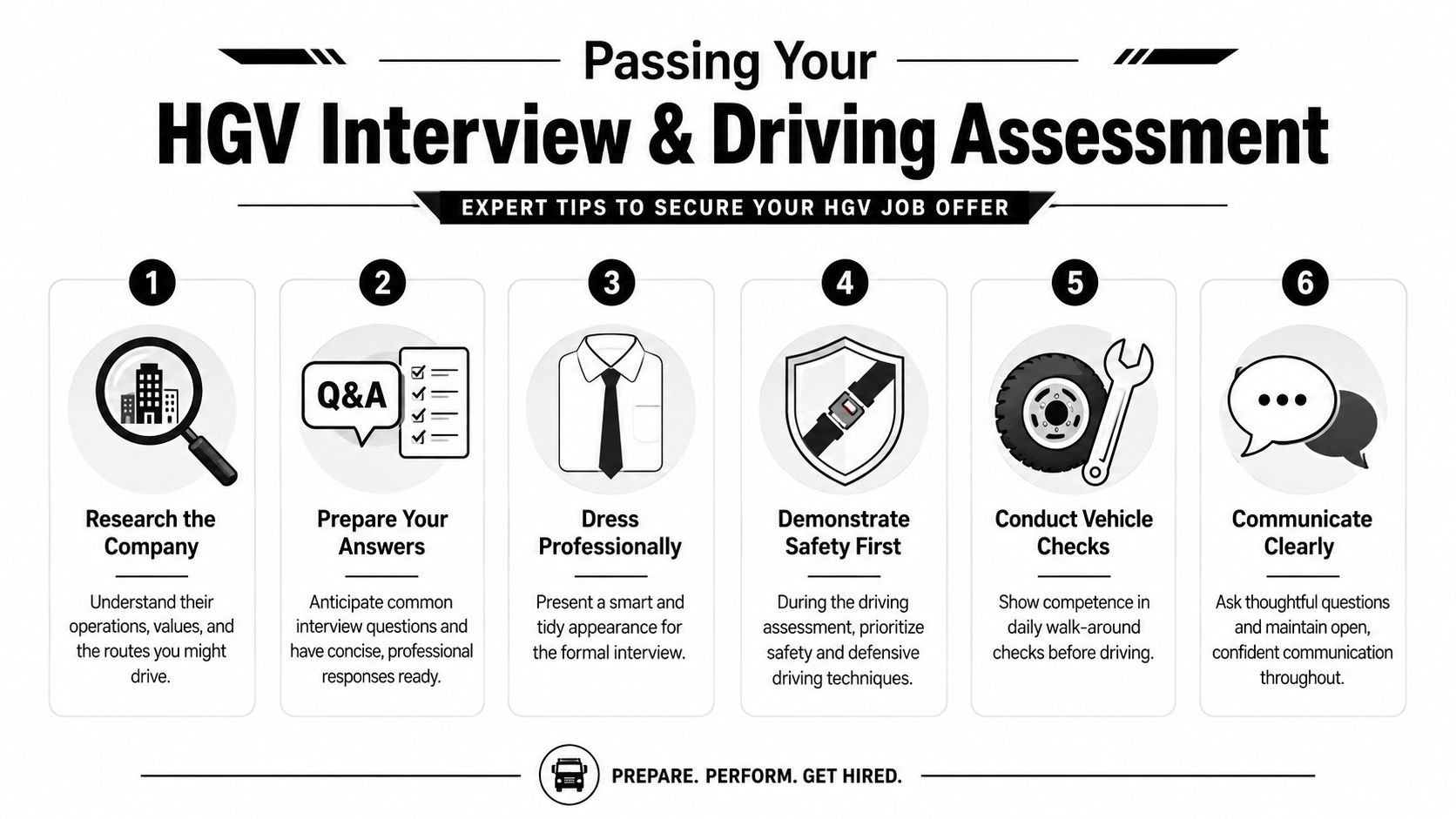 A professional infographic outlining six expert tips to pass an HGV interview and driving assessment successfully.