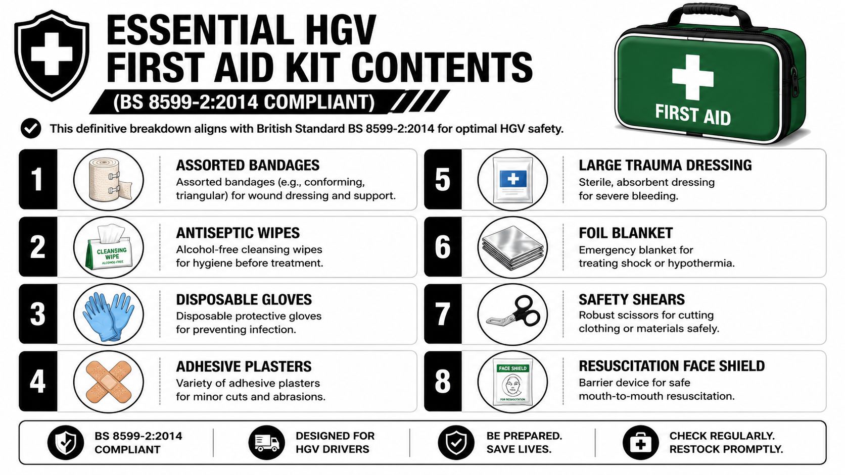 A comprehensive guide illustrating the required safety items inside a BS 8599-2:2014 compliant HGV first aid kit.