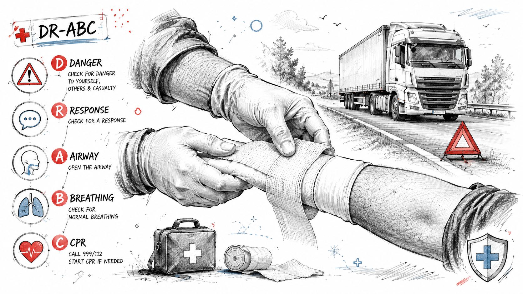 A professional illustration showing the DR-ABC first aid procedure alongside a first aid kit and a parked HGV.
