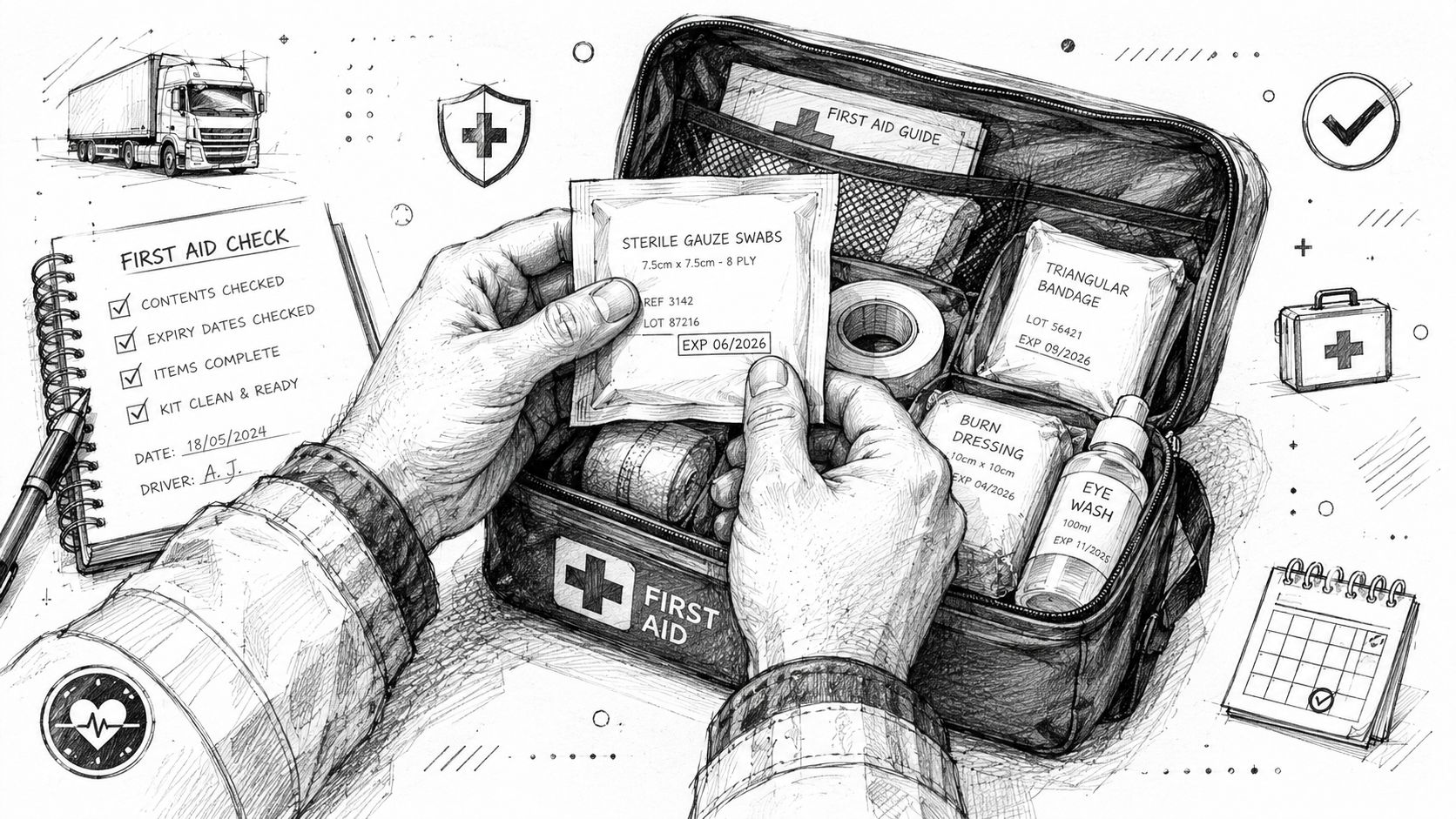 A driver inspecting the medical supplies inside an HGV first aid kit on a clipboard checklist.