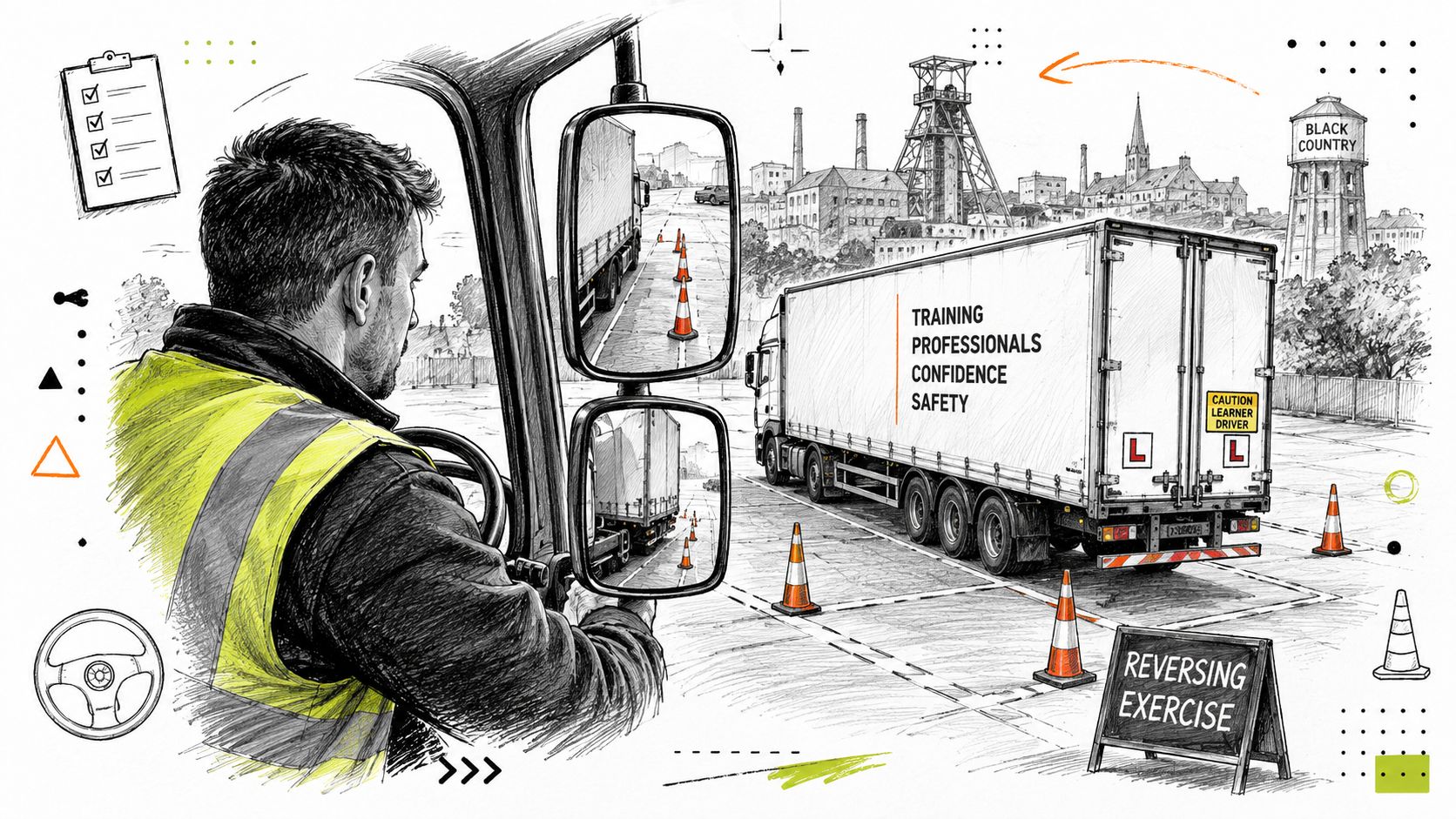 A trainee driver in a hi-vis vest practising reversing a large HGV truck with orange cones nearby.