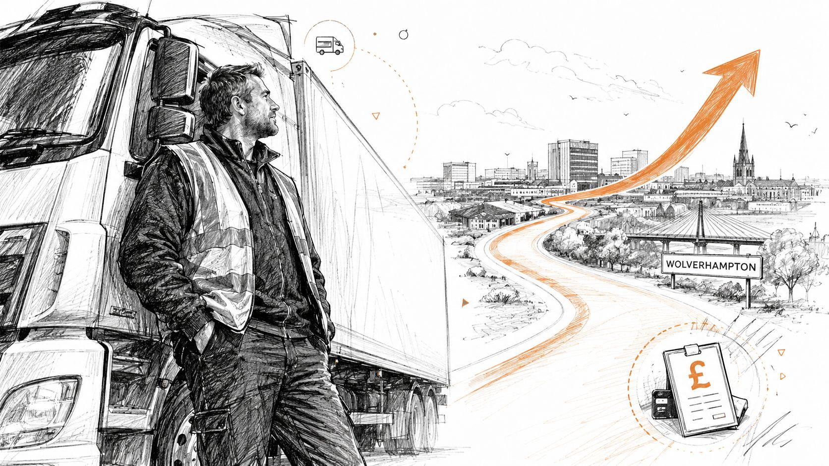 A professional HGV driver standing by his truck overlooking a sketch illustration of Wolverhampton city skyline.