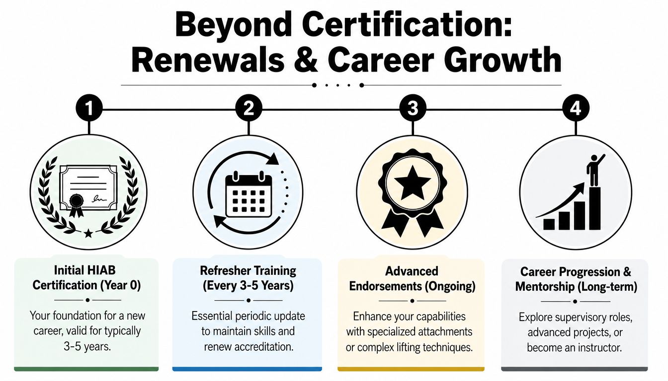 A four-step infographic illustrating the progression of HIAB certification, from initial training to long-term career growth.