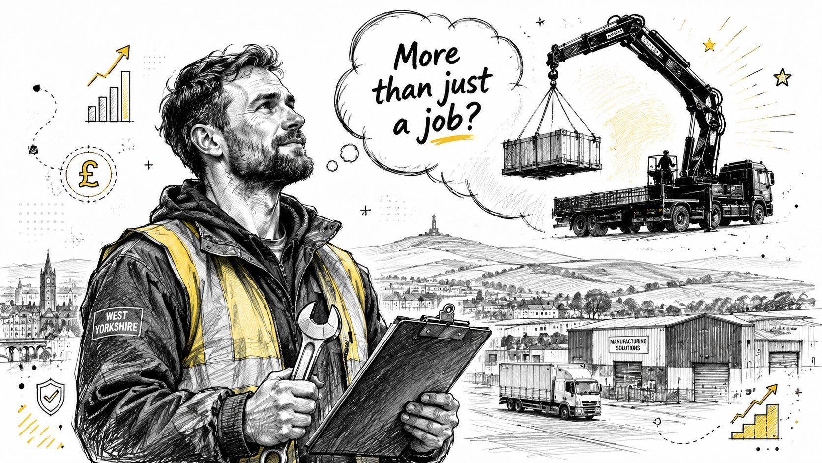 A professional tradesman in high-visibility gear holding a wrench and clipboard, looking at a crane truck illustration.