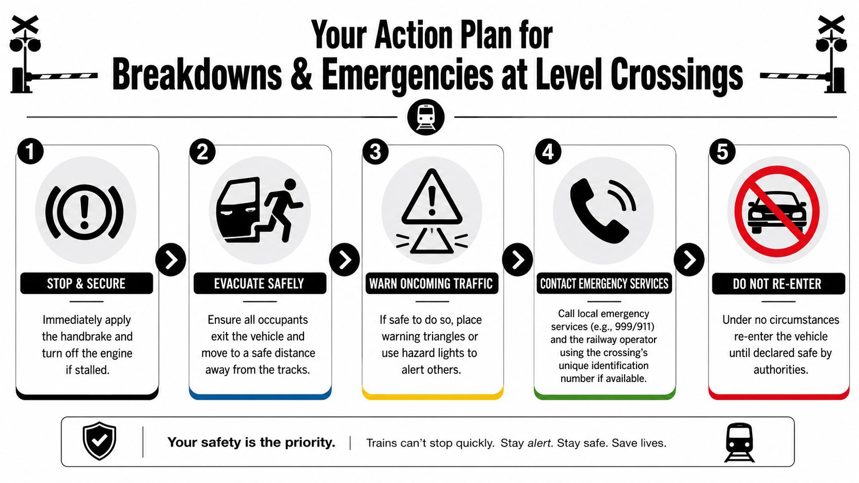An infographic showing a five-step emergency safety plan for vehicles that break down at railway level crossings.