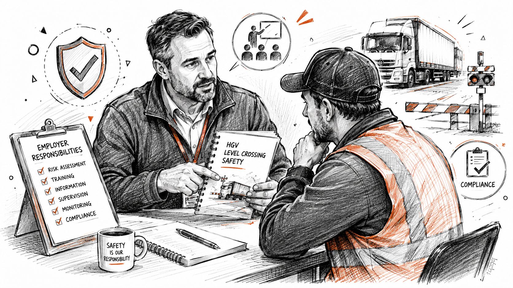 A safety manager explains HGV level crossing safety procedures to a truck driver during a training session.