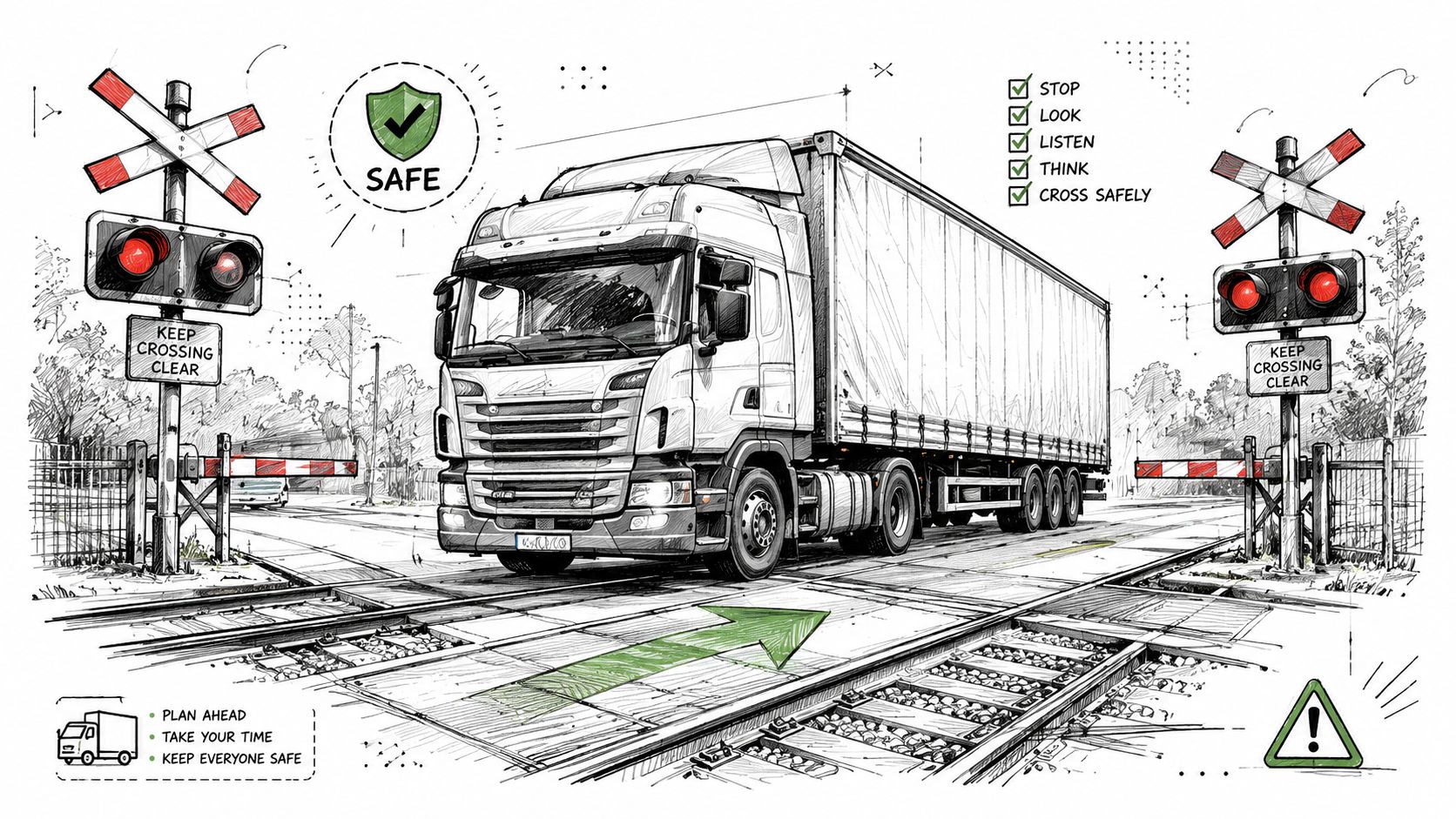 An illustration of a truck crossing a railway track safely with safety instructions and warning signals.