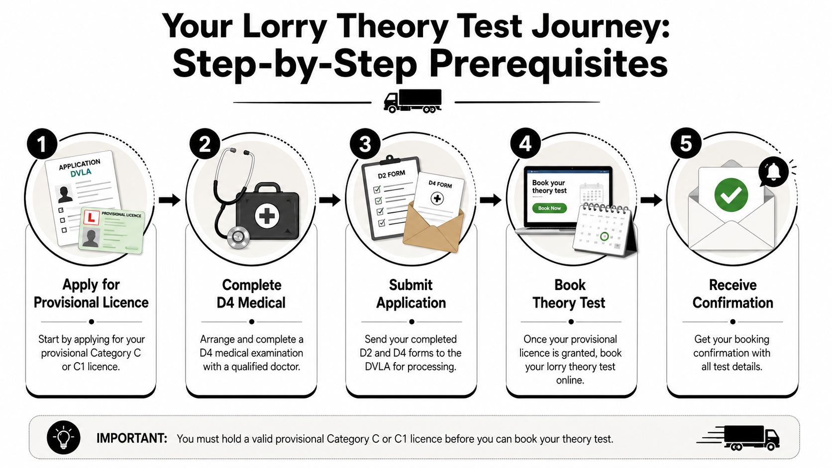 A five-step infographic illustrating the required process to book and take a lorry theory test.