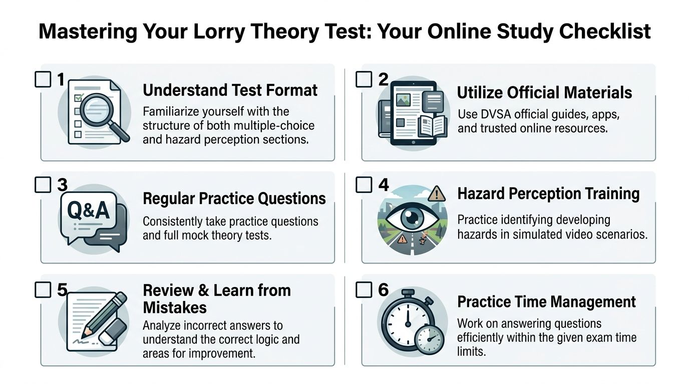 A six-step infographic checklist providing tips for successfully studying for a lorry theory test.