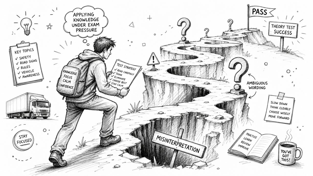 A student walking up a path toward a pass sign representing success in a theory test.