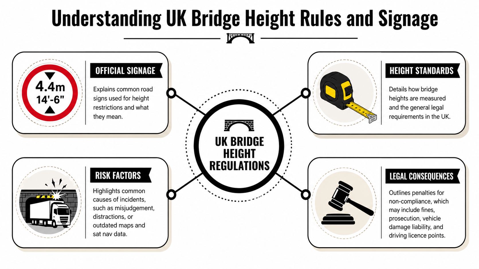 An infographic showing UK bridge height regulations, signage, risk factors, legal consequences, and measurement standards for drivers.