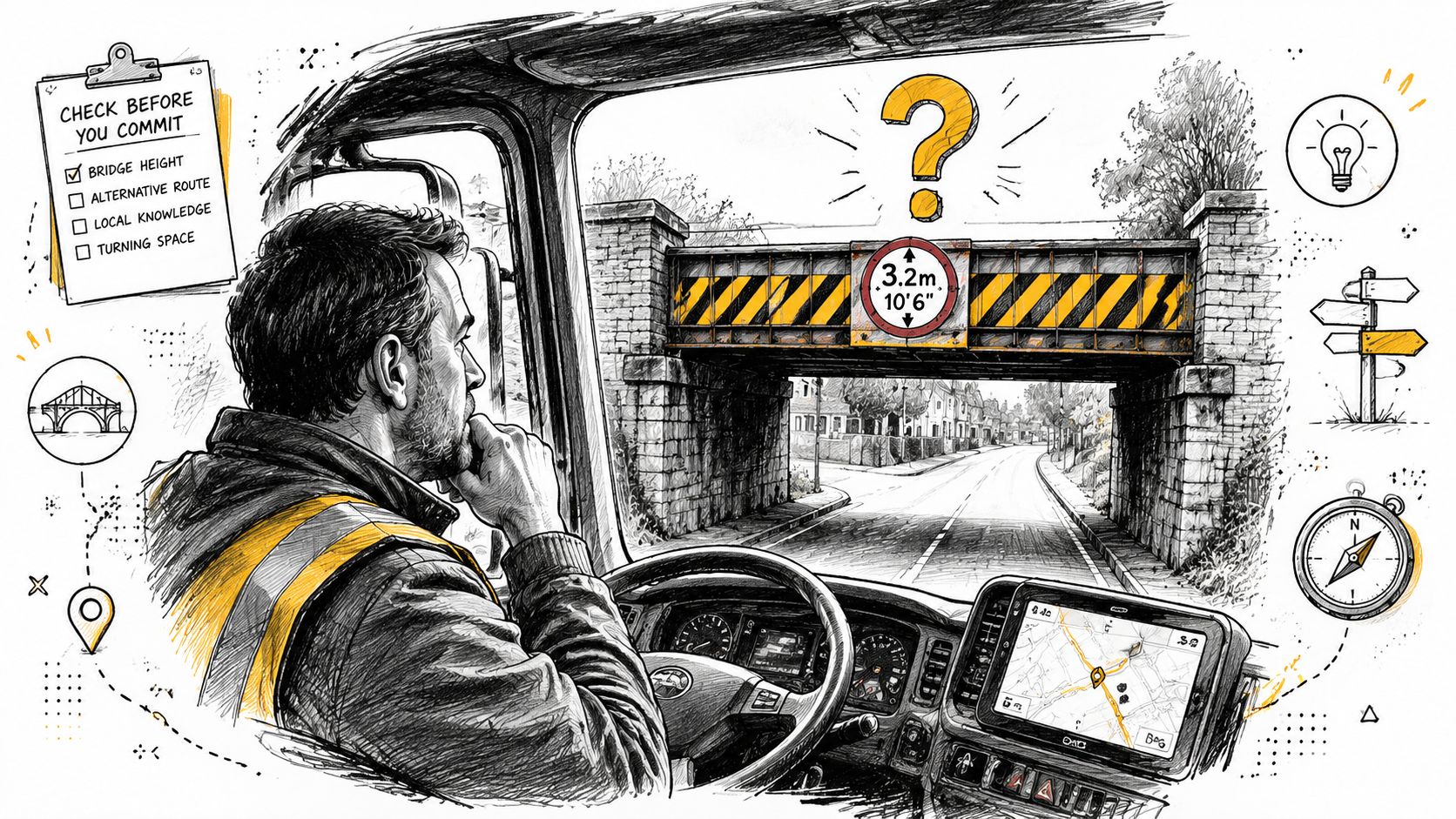 A truck driver looking at a low clearance bridge with a warning sign, weighing his route options carefully.