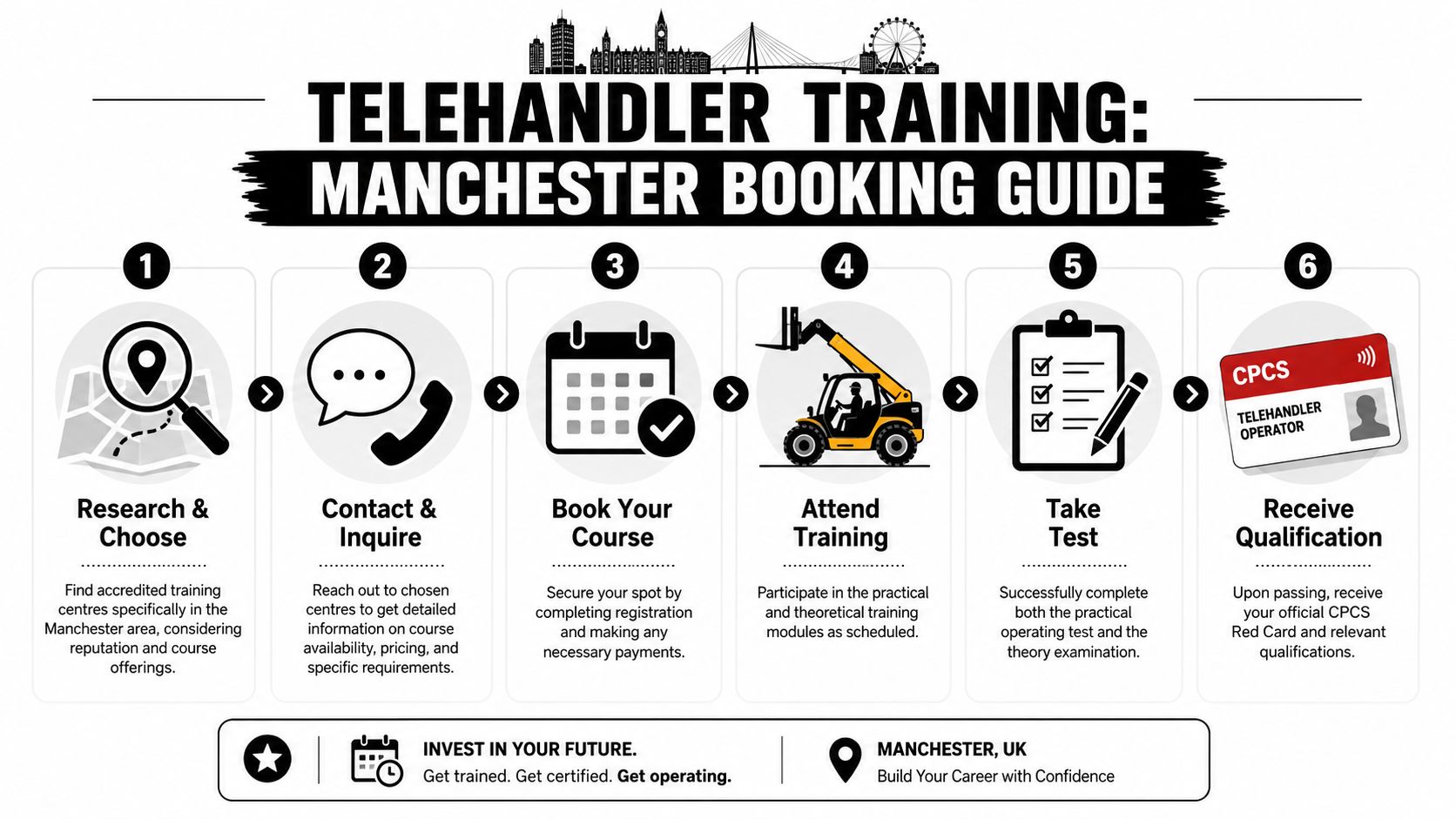 A step-by-step infographic guide explaining the process of booking telehandler operator training in Manchester, UK.