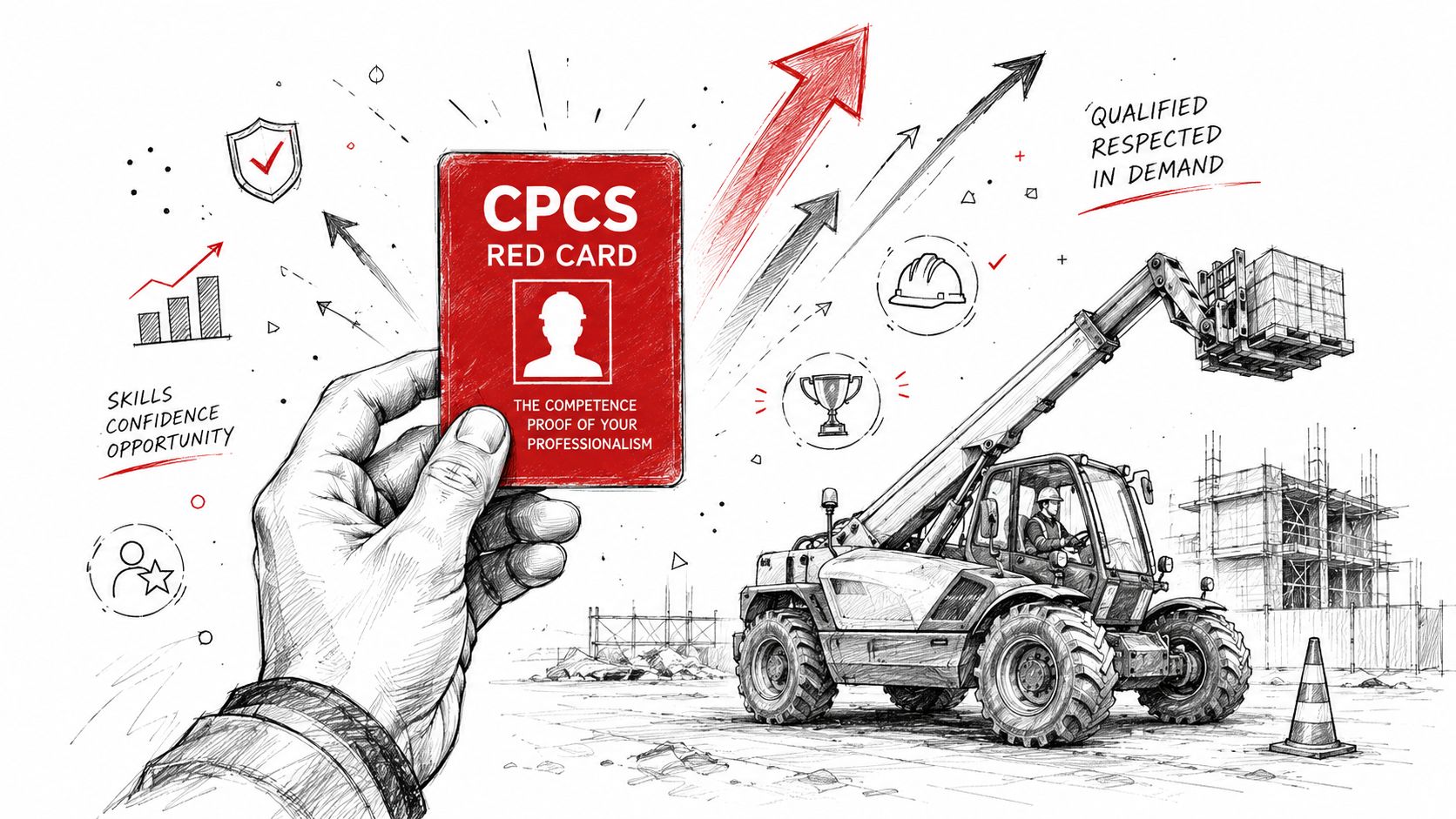 A hand holding a CPCS Red Card with a telehandler operating in the background on a construction site.